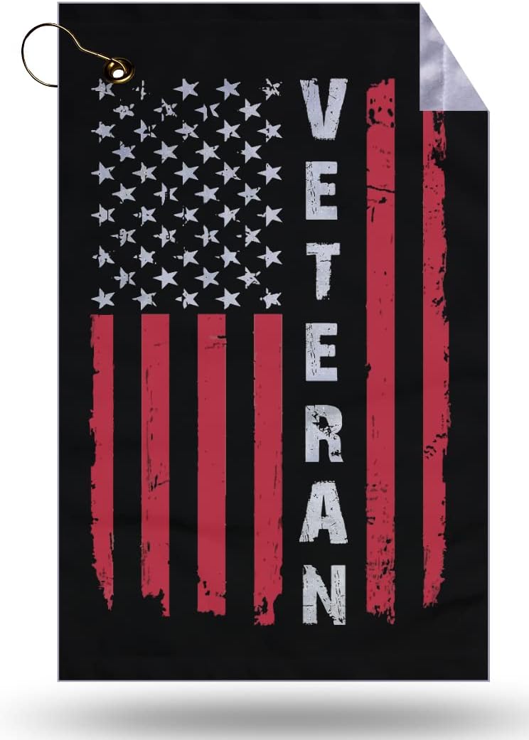 American flag golf towel with 'Veteran' text on a black background
