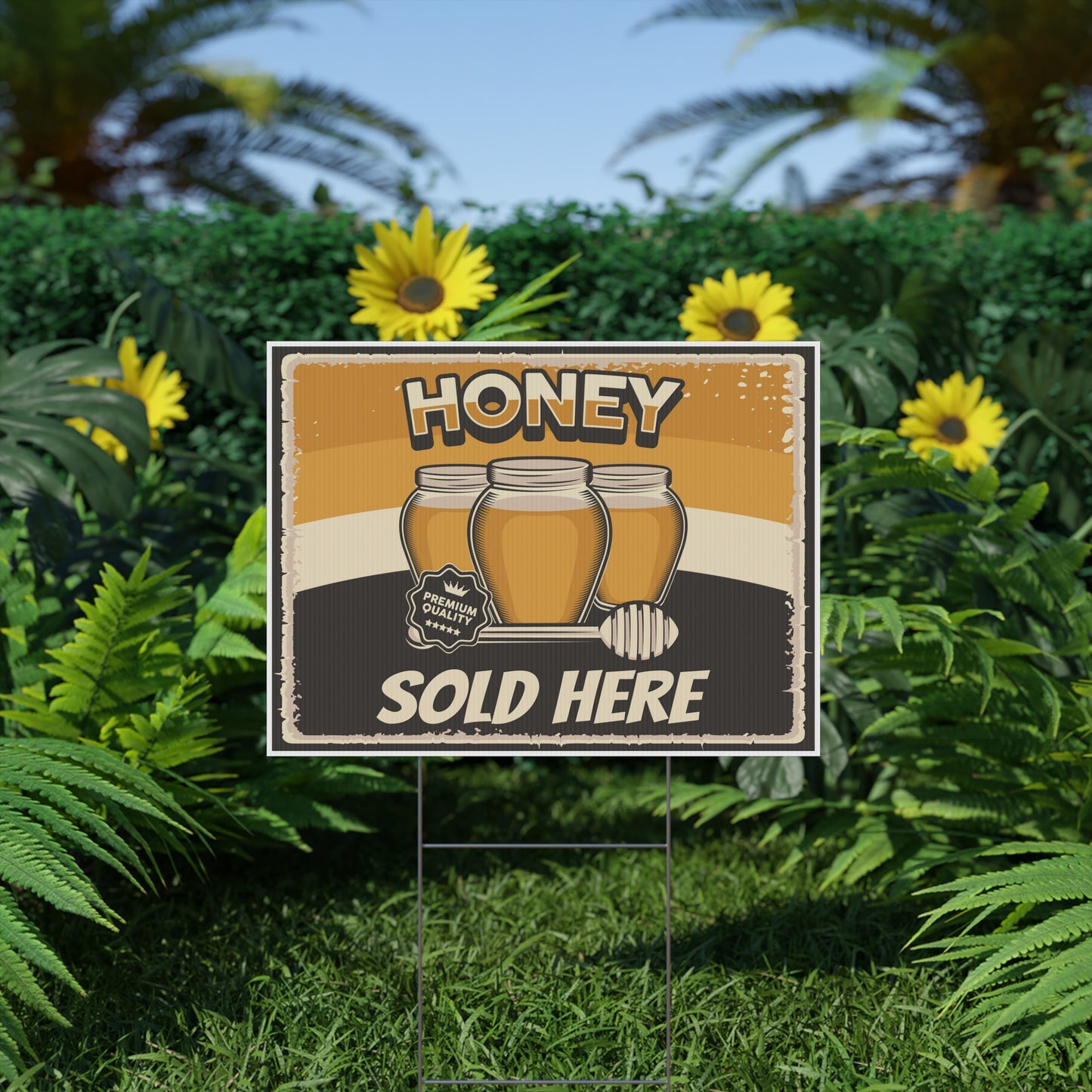 Honey Sold Here Sign, Yard Sign, 18x12, 24x18, 36x24, Double Sided, H-Stake Included, v1