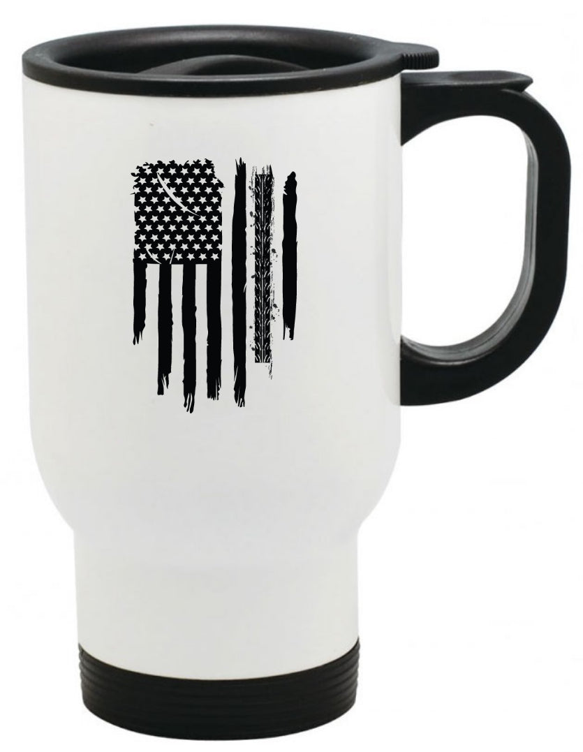 Dirtbike American Flag with Tire Tread Mark, Coffee Mug 11oz | 15oz | 20oz, Black Ringer Coffee Mug 11oz, Stainless Steel Travel Mug 14oz Ceramic Drinkware