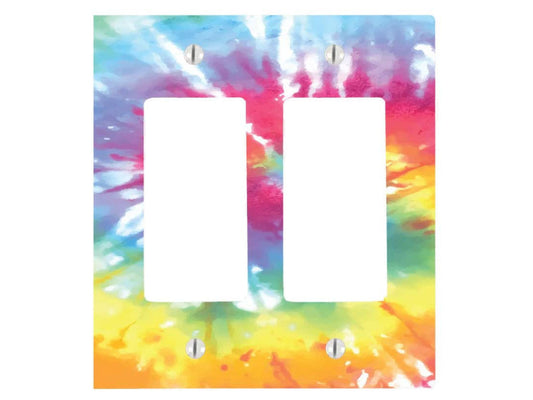 Tie Dye, Double Gang Rocker Decorator Dimmer, Plastic Wall Plate, Blue Red Yellow, 4.75 x 4.69 inches
