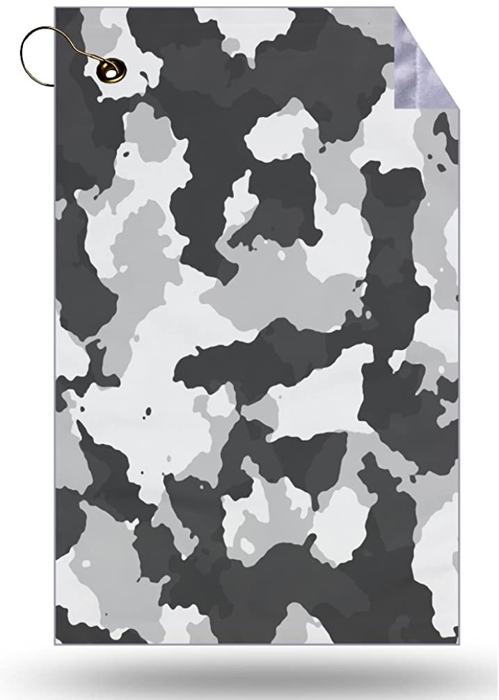 Winter Snow Camo Camouflage, Black Grey White, Microfiber Velour 11x18 Golf Bag Towel with Grommet and Clip