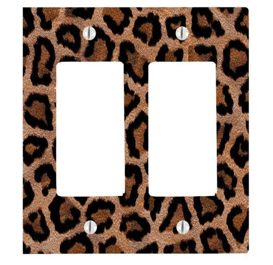 Leopard Print, Double Gang Rocker Decorator Dimmer Wall Plate, Brown, 4.75 x 4.69 inches
