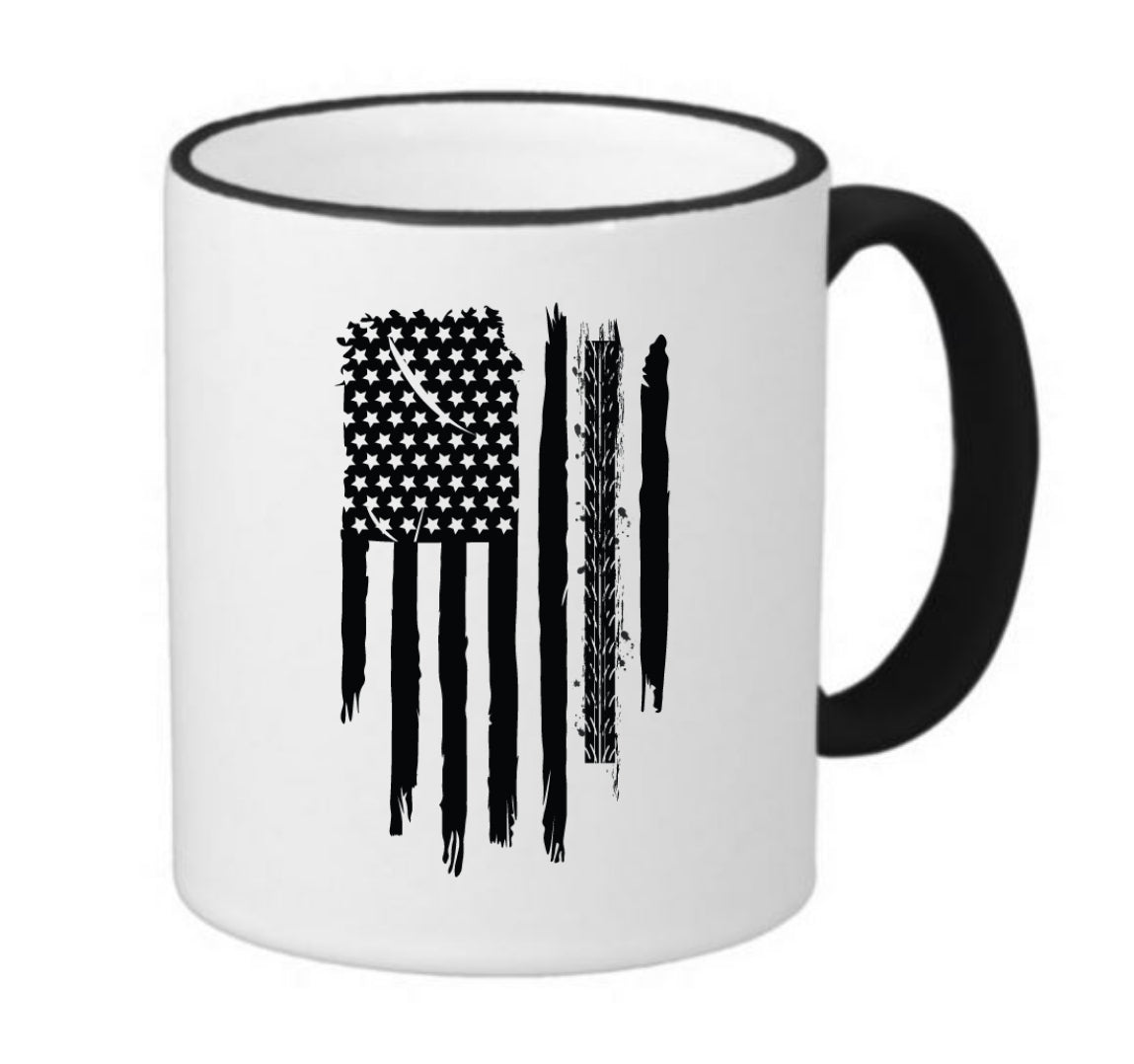 Dirtbike American Flag with Tire Tread Mark, Coffee Mug 11oz | 15oz | 20oz, Black Ringer Coffee Mug 11oz, Stainless Steel Travel Mug 14oz Ceramic Drinkware