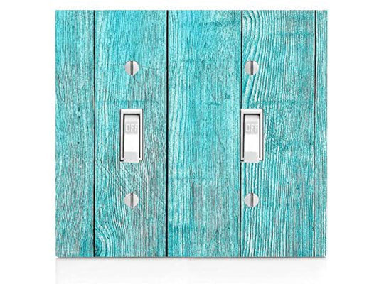 Blue Beach Wood, Plastic Double Gang Toggle Light Switch Wall Plate, 4.75 x 4.75 inches