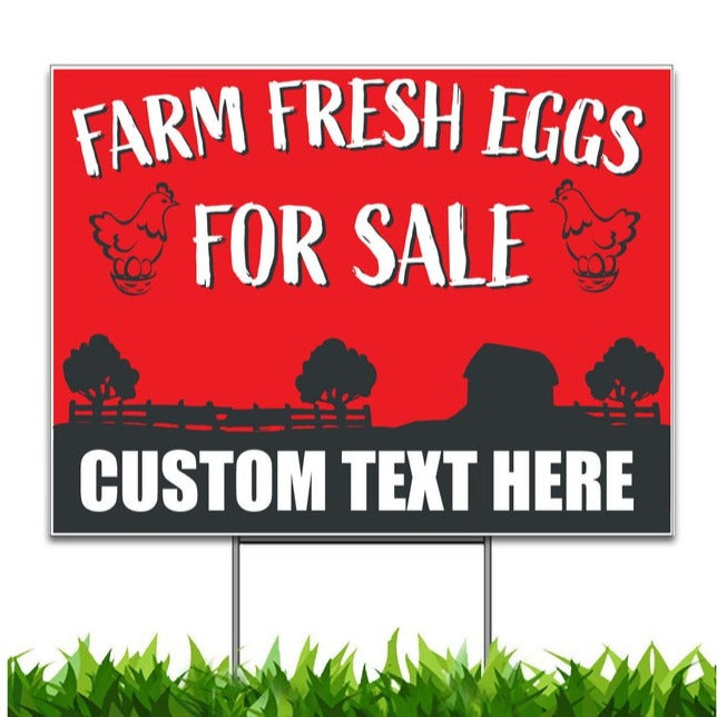 Custom Farm Fresh Eggs For Sale Yard Sign 18 x 24-inch (Outdoor, Weatherproof Corrugated Plastic) Metal H-Stake Included v2_Red