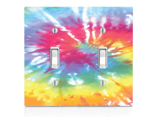 Tie Dye, Plastic Double Gang Toggle Light Switch Wall Plate, Red Yellow Blue, 4.75 x 4.75 inches