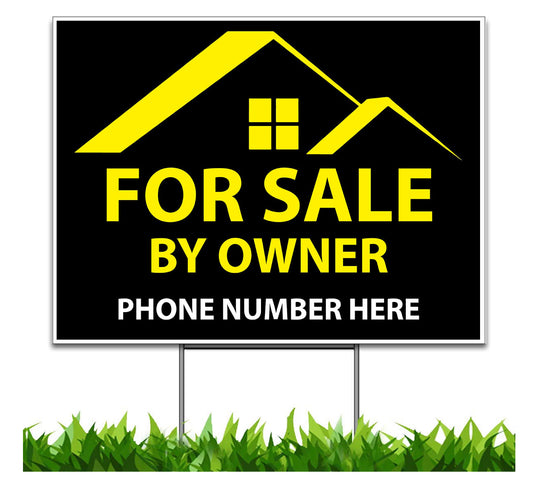Custom for Sale by Owner 18 x 24-inch Yard Sign (Outdoor, Weatherproof Corrugated Plastic) Metal Stake Included Black, Yellow